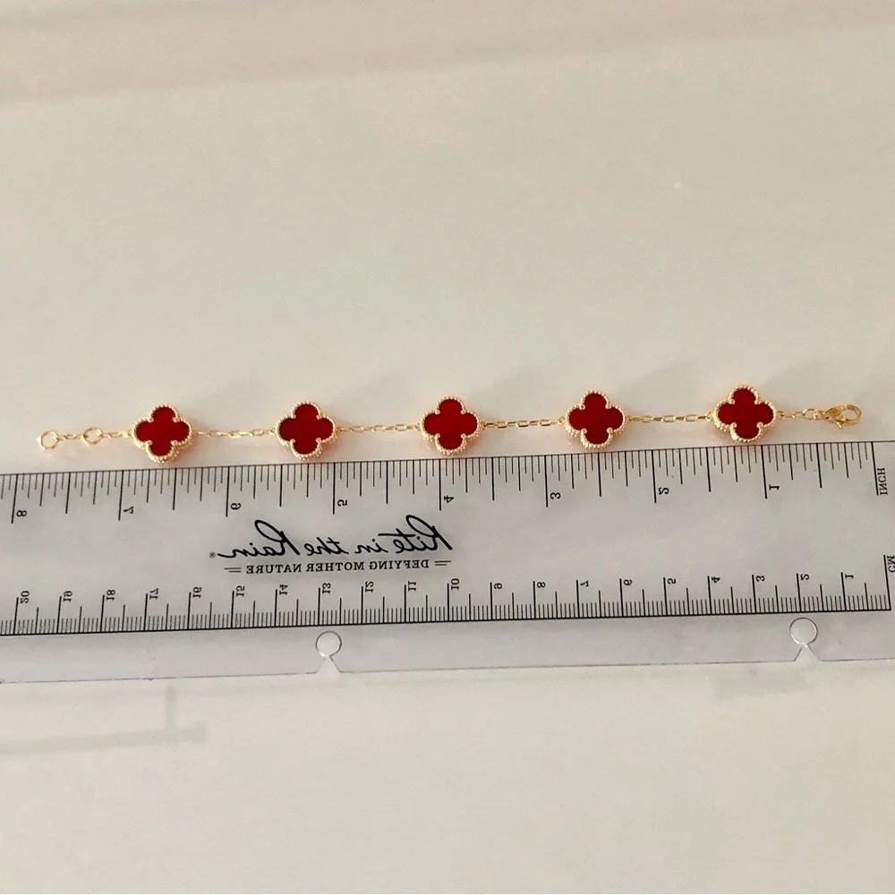 Red Carnelian 5 Quatrefoil Clover Motif Gold Bracelet